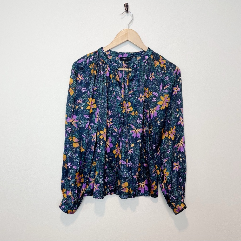 Current Air Long Sleeve Purple Floral Split Neck Blouse Size XS